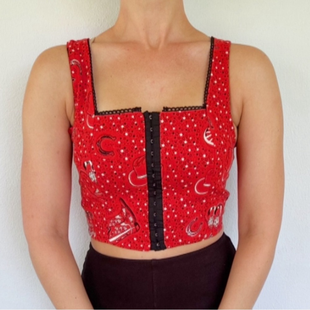 Monteau red black Western rodeo shoehorse cowgirl print corset crop top Sz XL
